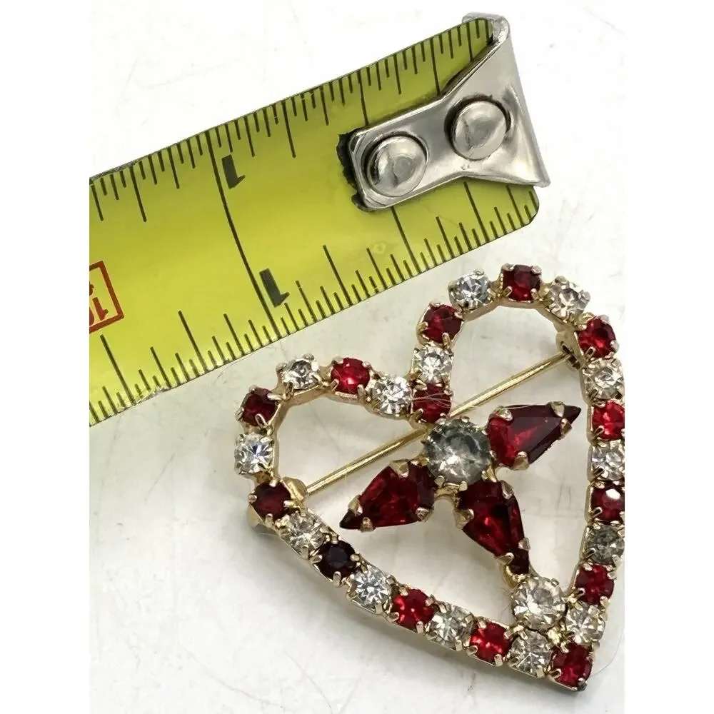 Vintage Rhinestone Heart Brooch Red Clear Open Design Center Cross Pin
